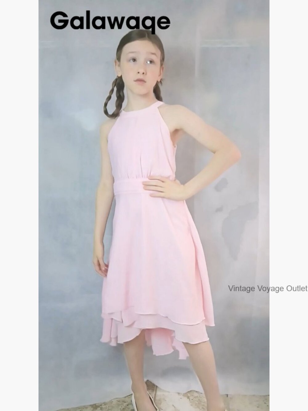 Girls Chiffon A-Line Party Dress Sleeveless Ruffled Asymmetrical Knee-Length - Picture 6 of 7